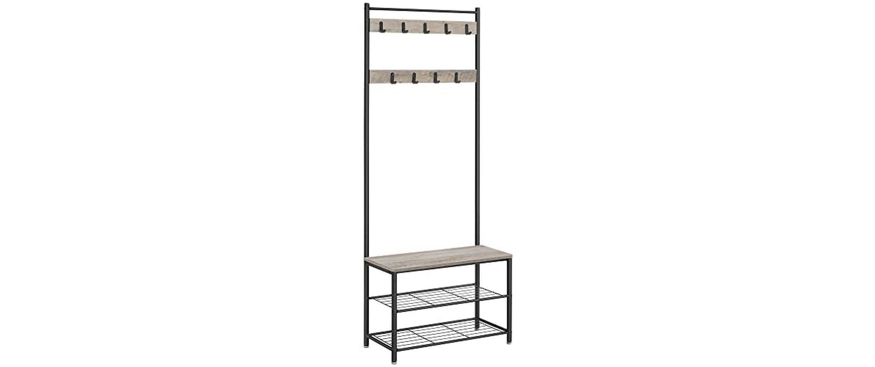 Vasagle Garderobe mit Schuhregal – 8 Haken, Stahl/Spanplatte, Schwarz/Braun, 70 × 32 × 175 cm