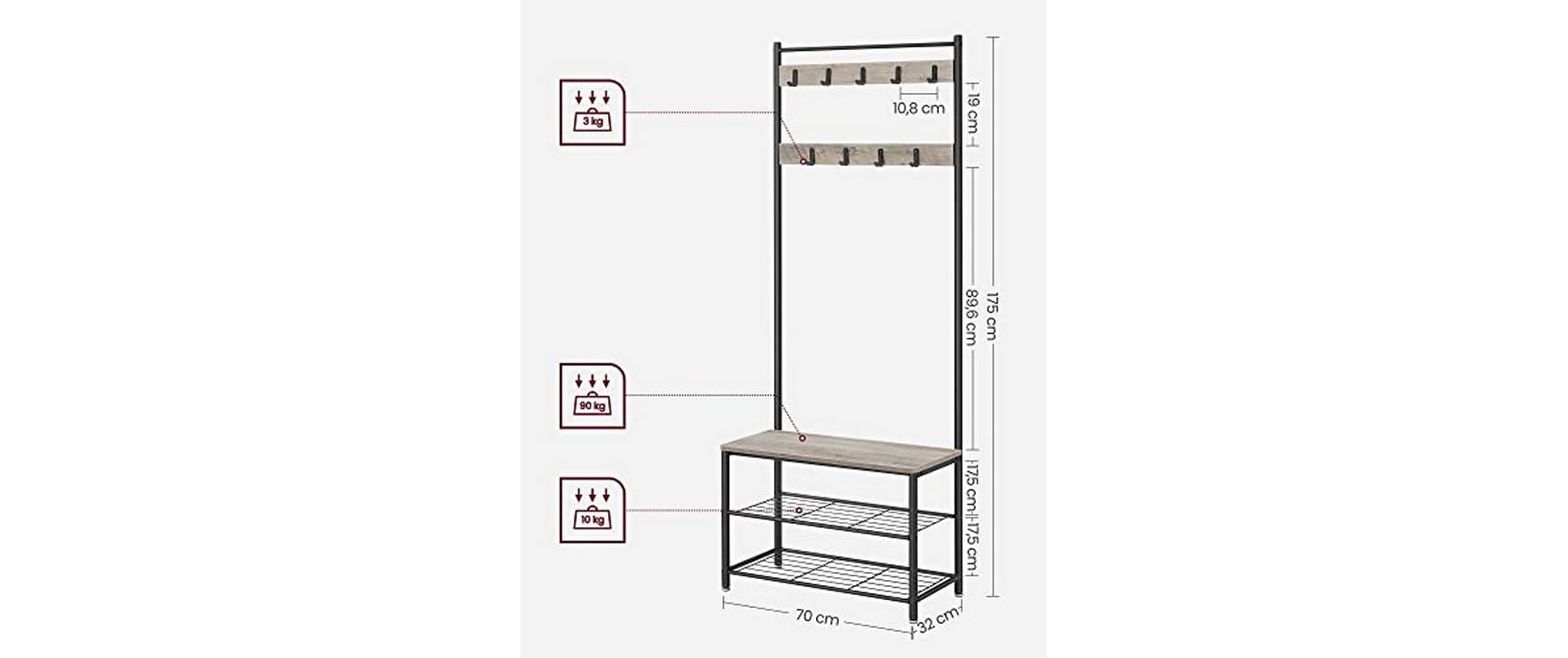Vasagle Garderobe mit Schuhregal – 8 Haken, Stahl/Spanplatte, Schwarz/Braun, 70 × 32 × 175 cm