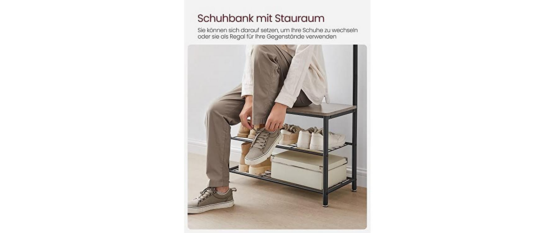 Vasagle Garderobe mit Schuhregal – 8 Haken, Stahl/Spanplatte, Schwarz/Braun, 70 × 32 × 175 cm