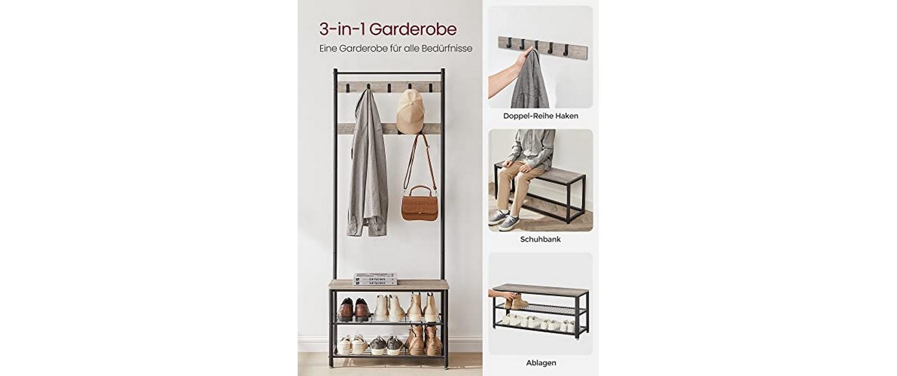 Vasagle Garderobe mit Schuhregal – 8 Haken, Stahl/Spanplatte, Schwarz/Braun, 70 × 32 × 175 cm
