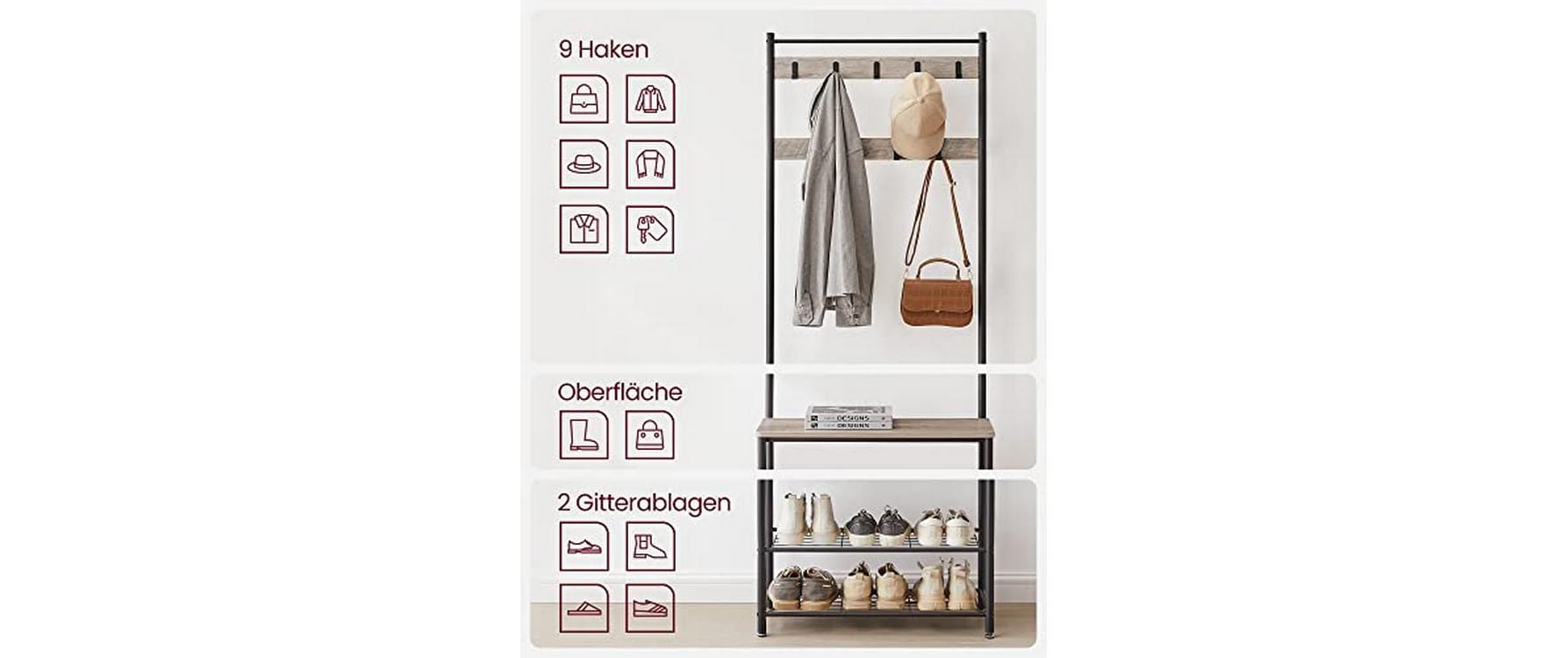 Vasagle Garderobe mit Schuhregal – 8 Haken, Stahl/Spanplatte, Schwarz/Braun, 70 × 32 × 175 cm