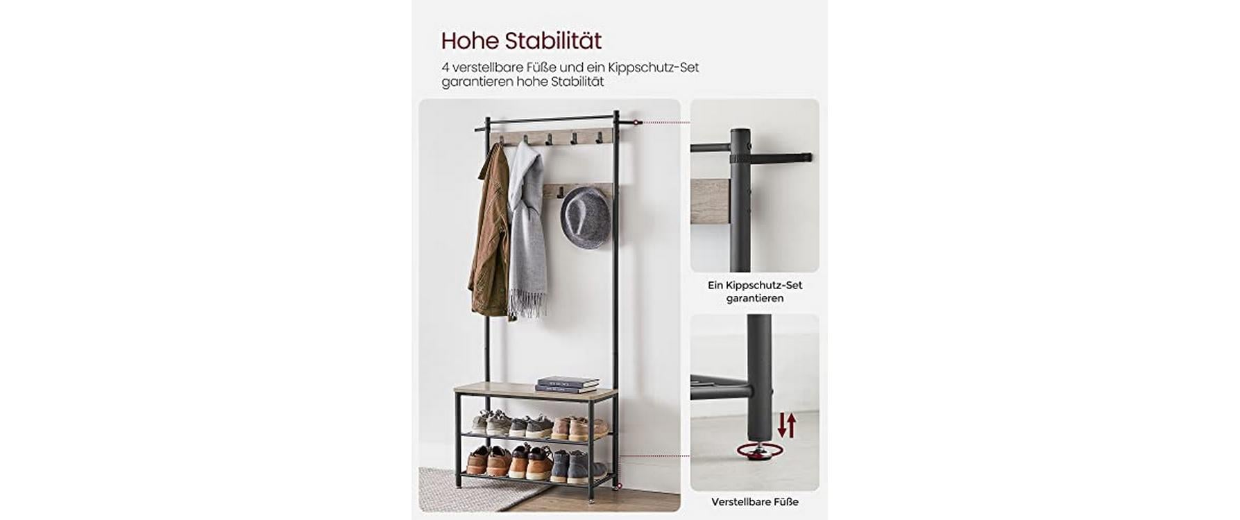 Vasagle Garderobe mit Schuhregal – 8 Haken, Stahl/Spanplatte, Schwarz/Braun, 70 × 32 × 175 cm