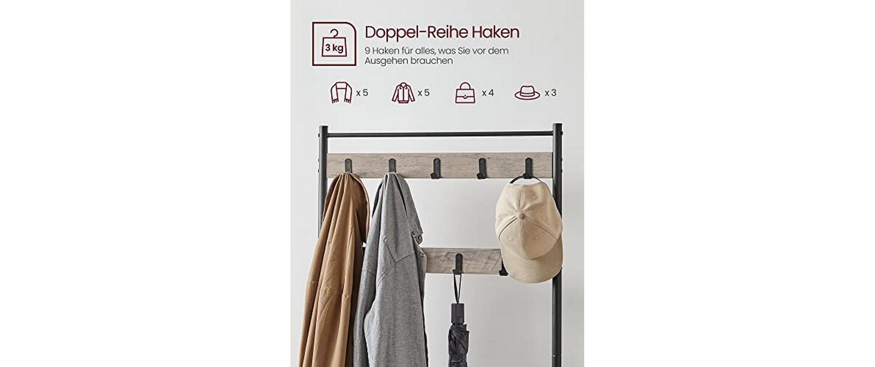 Vasagle Garderobe mit Schuhregal – 8 Haken, Stahl/Spanplatte, Schwarz/Braun, 70 × 32 × 175 cm