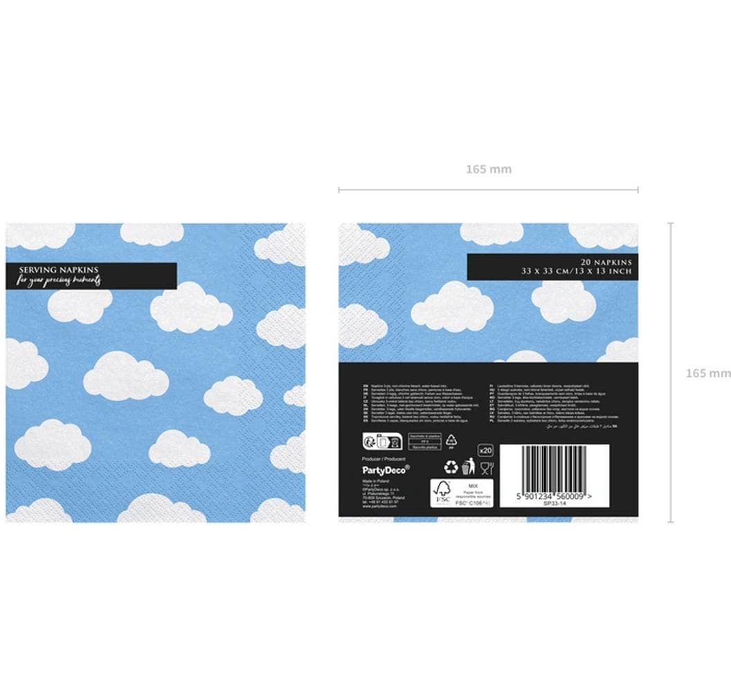 PartyDeco Servietten Flugzeug Wolken – blau/weiss – 33 × 33 cm, 3-lagig – 20 Stück