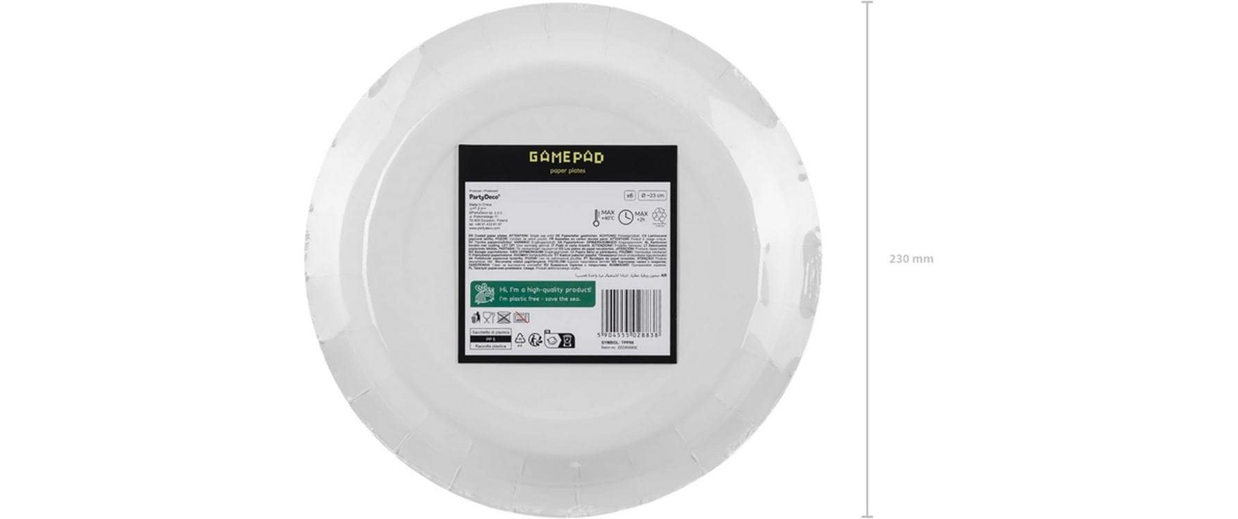 PartyDeco Teller, Papier/Karton, rund – Ø 23 cm, schwarz, Muster – 6 Stk.