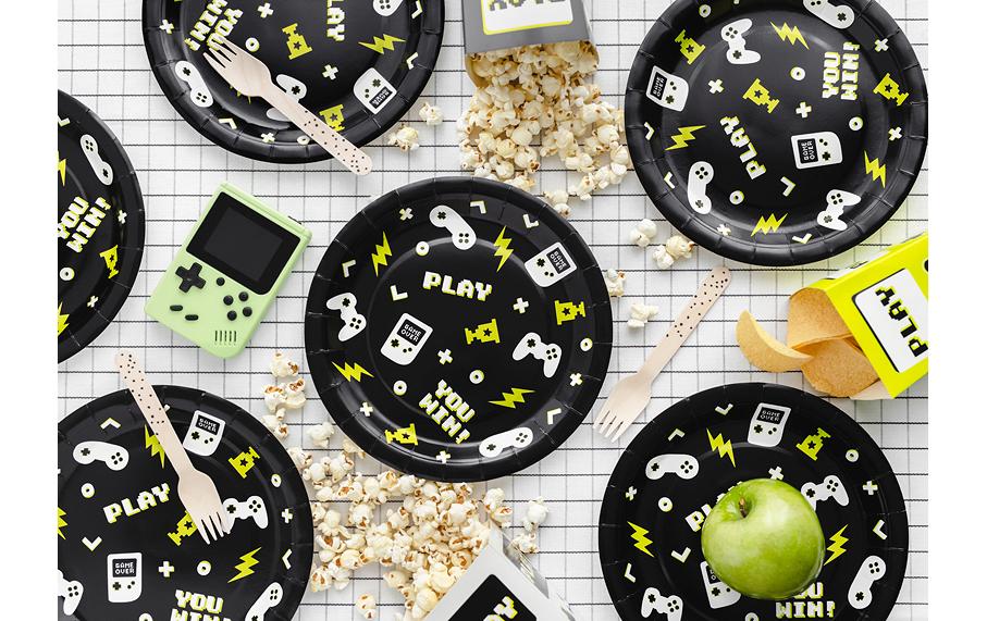 PartyDeco Teller, Papier/Karton, rund – Ø 23 cm, schwarz, Muster – 6 Stk.