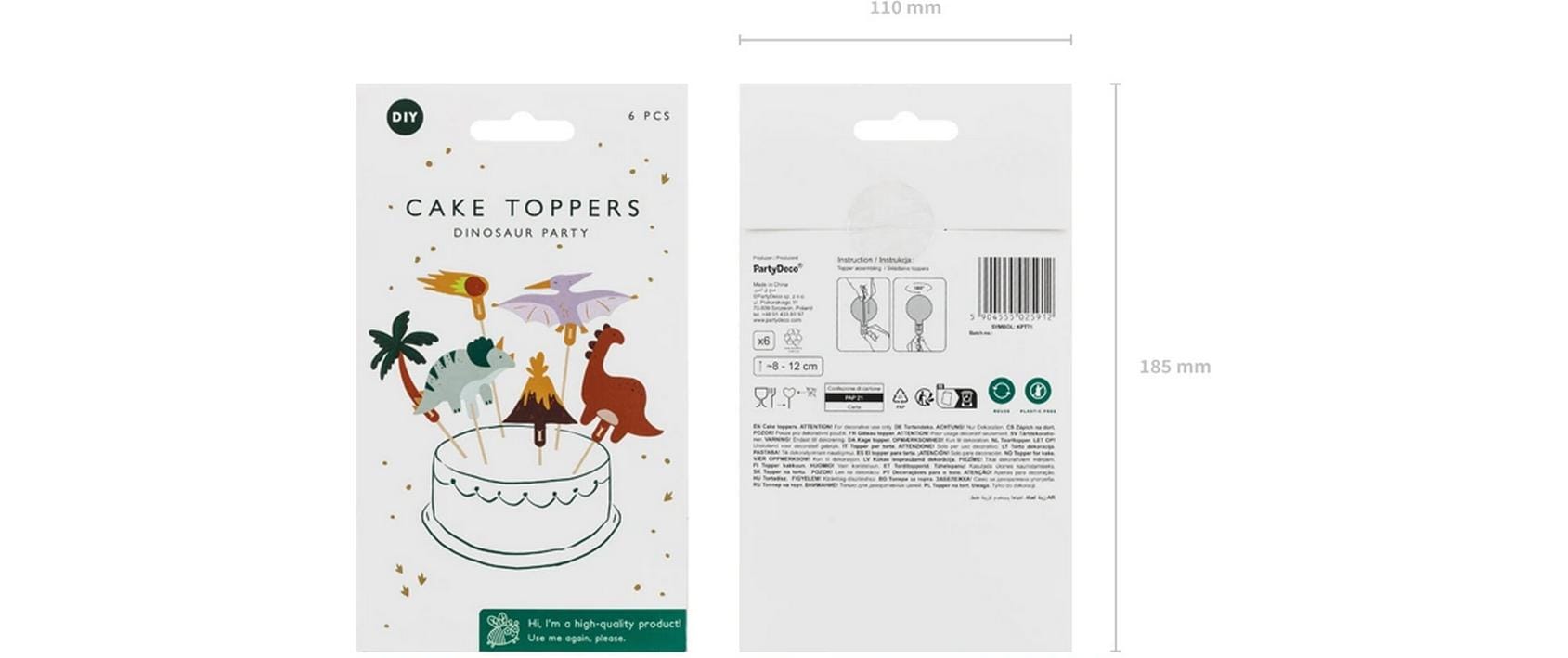 PartyDeco Caketopper Dinosaurier – mehrfarbig – 12 cm – 6 Stk