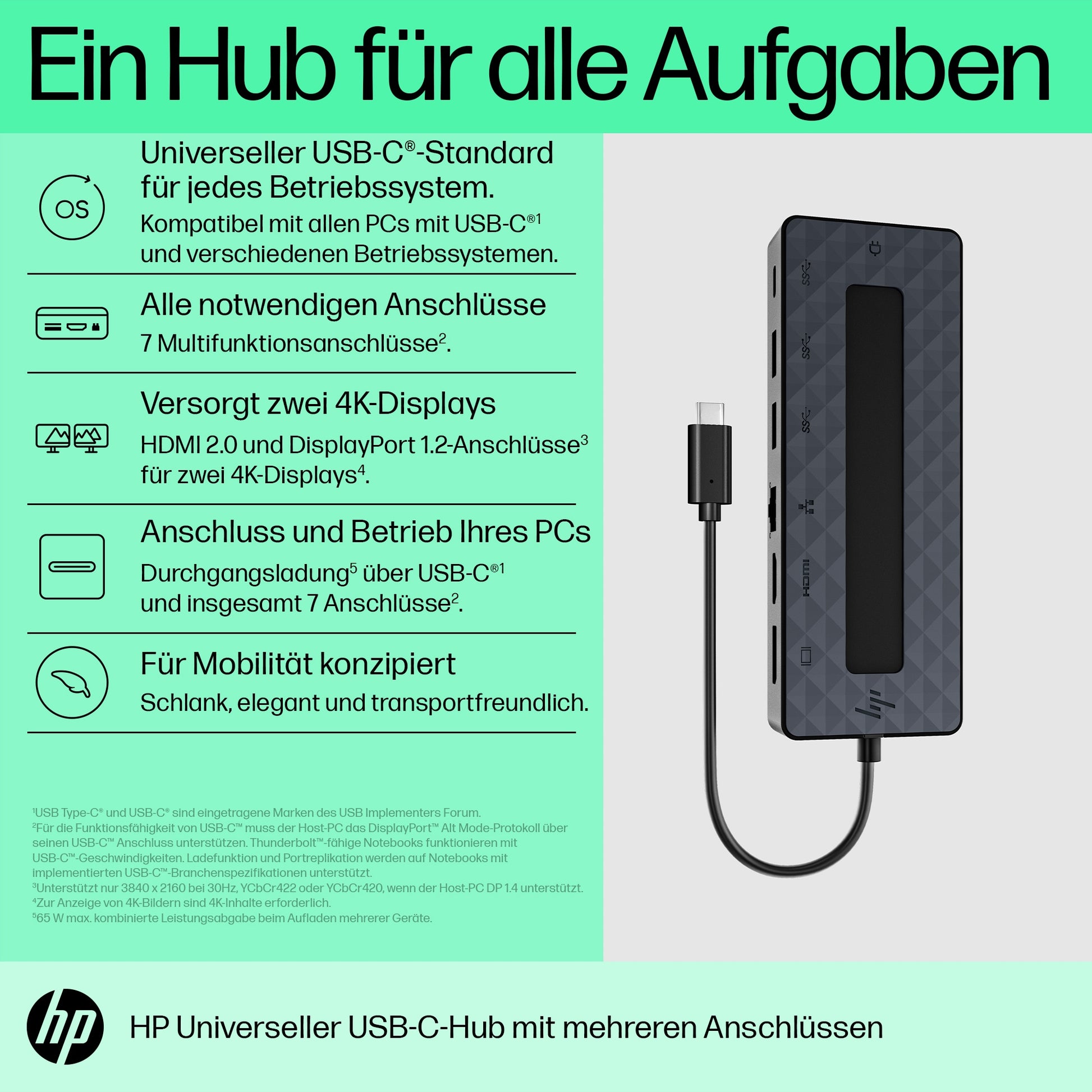 HP Multiport-Adapter – USB-C, 1× DP, 1× HDMI, 2× USB-A, 65 W PD, GbE, für Windows/Mac/ChromeOS