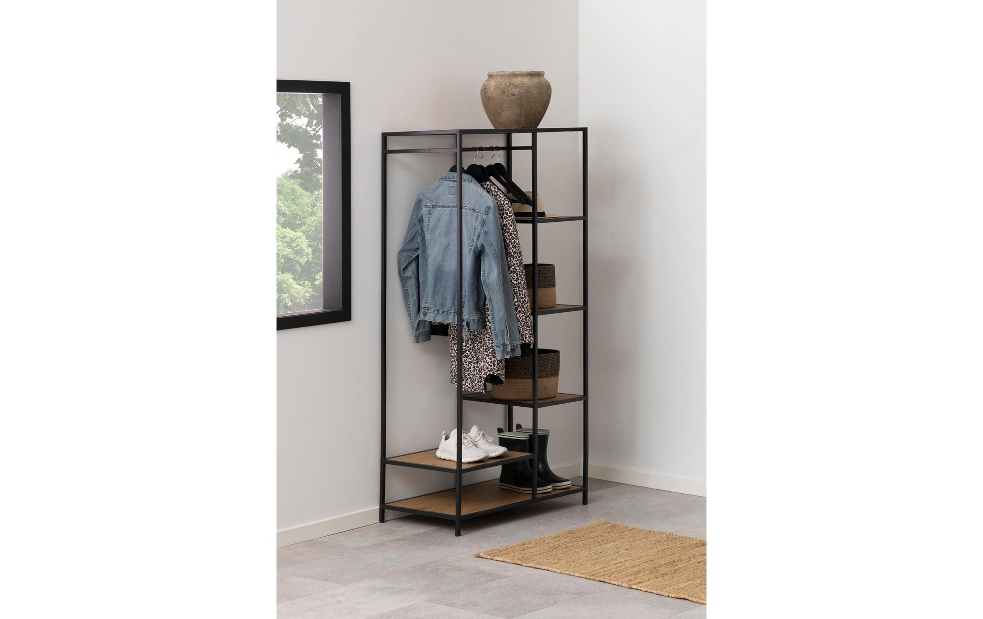 Actona Garderobe mit Schuhregal – MDF/Holz, Schwarz/Eiche, 5 Regale, 77 × 45 × 165 cm