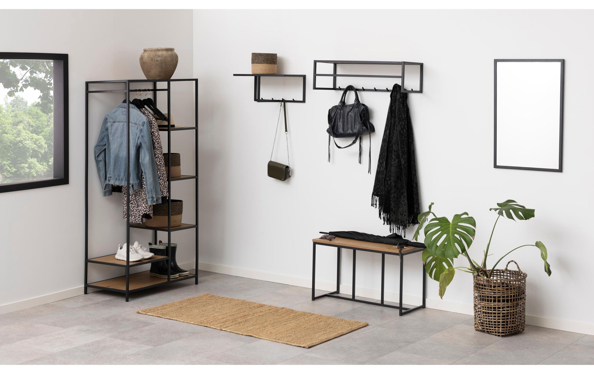 Actona Garderobe mit Schuhregal – MDF/Holz, Schwarz/Eiche, 5 Regale, 77 × 45 × 165 cm