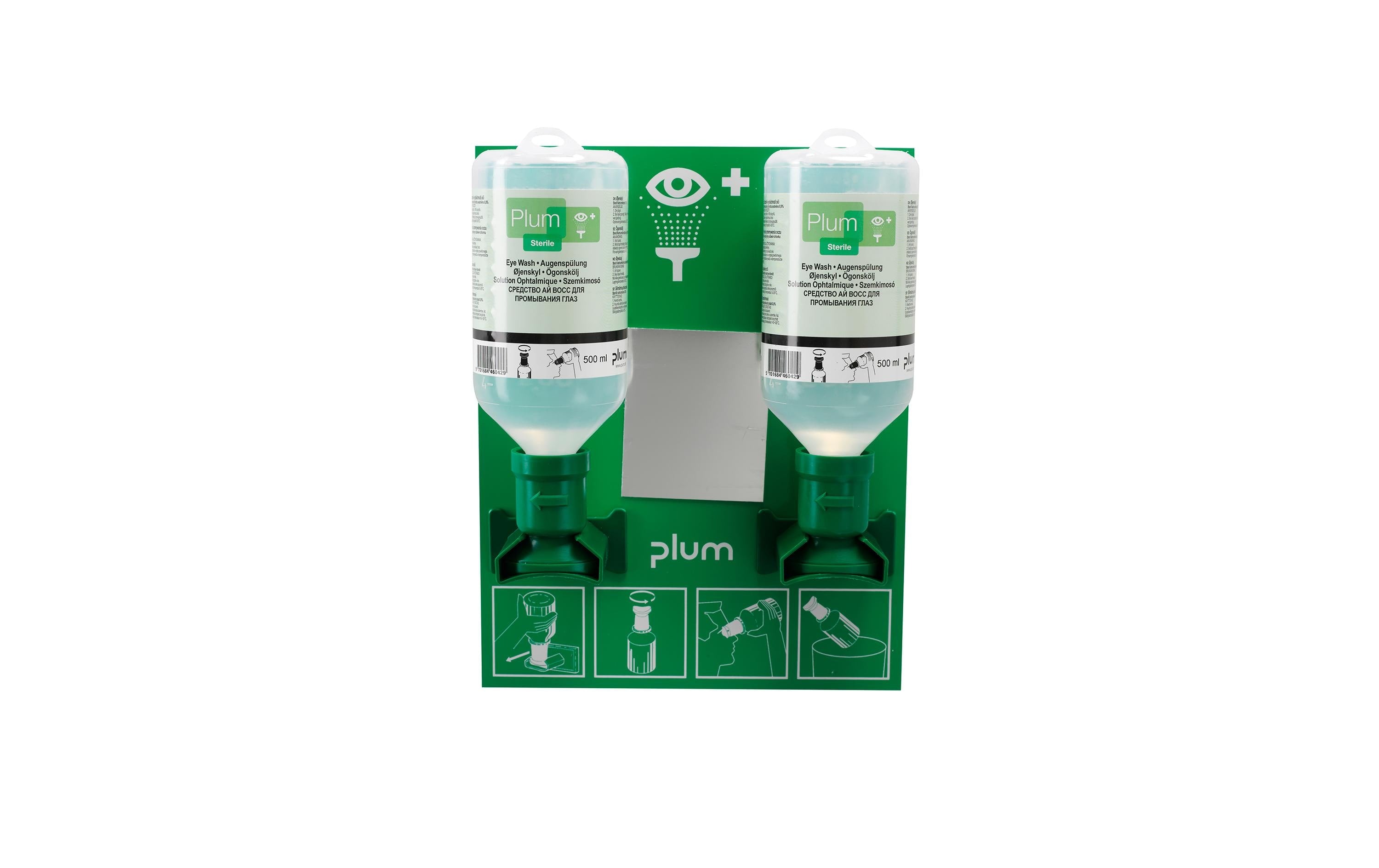 PLUM Augenspülstation – 2 × 500 ml NaCl 0,9 %, Wandmontage, Grün