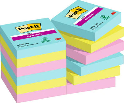 Post-it Super Sticky Haftnotizen – 47,6×47,6 mm – türkis, neongrün, neonpink – 12×90 Blatt, PEFC