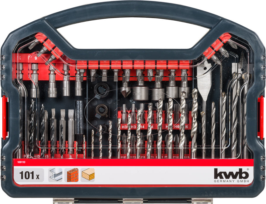 kwb Bohr- & Bit-Set 1,5–8 mm – für Mauerwerk & Beton, Metall, Holz – 101-tlg. – mit Bithalter & Tasche