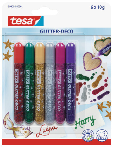 TESA Glitzerkleber – farbig sortiert – Set 6 × 10 g – auswaschbar, lösungsmittelfrei – zum Basteln