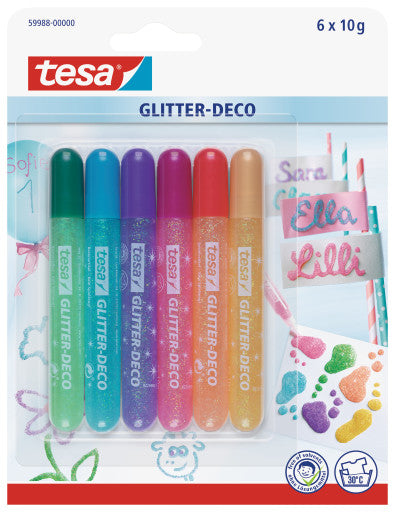 TESA Glitzerkleber Candy Colors – farbig sortiert – Set 6 × 10 g – auswaschbar, lösungsmittelfrei
