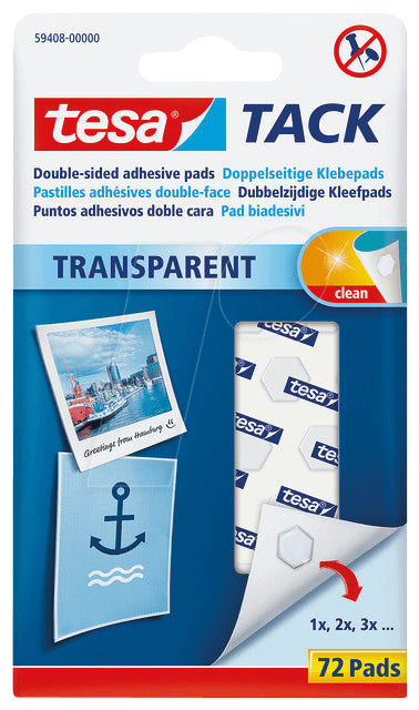 TESA TACK Klebepads – wiederablösbar, transparent, tropffrei, für Papier, leichtgewichtige Gegenstände