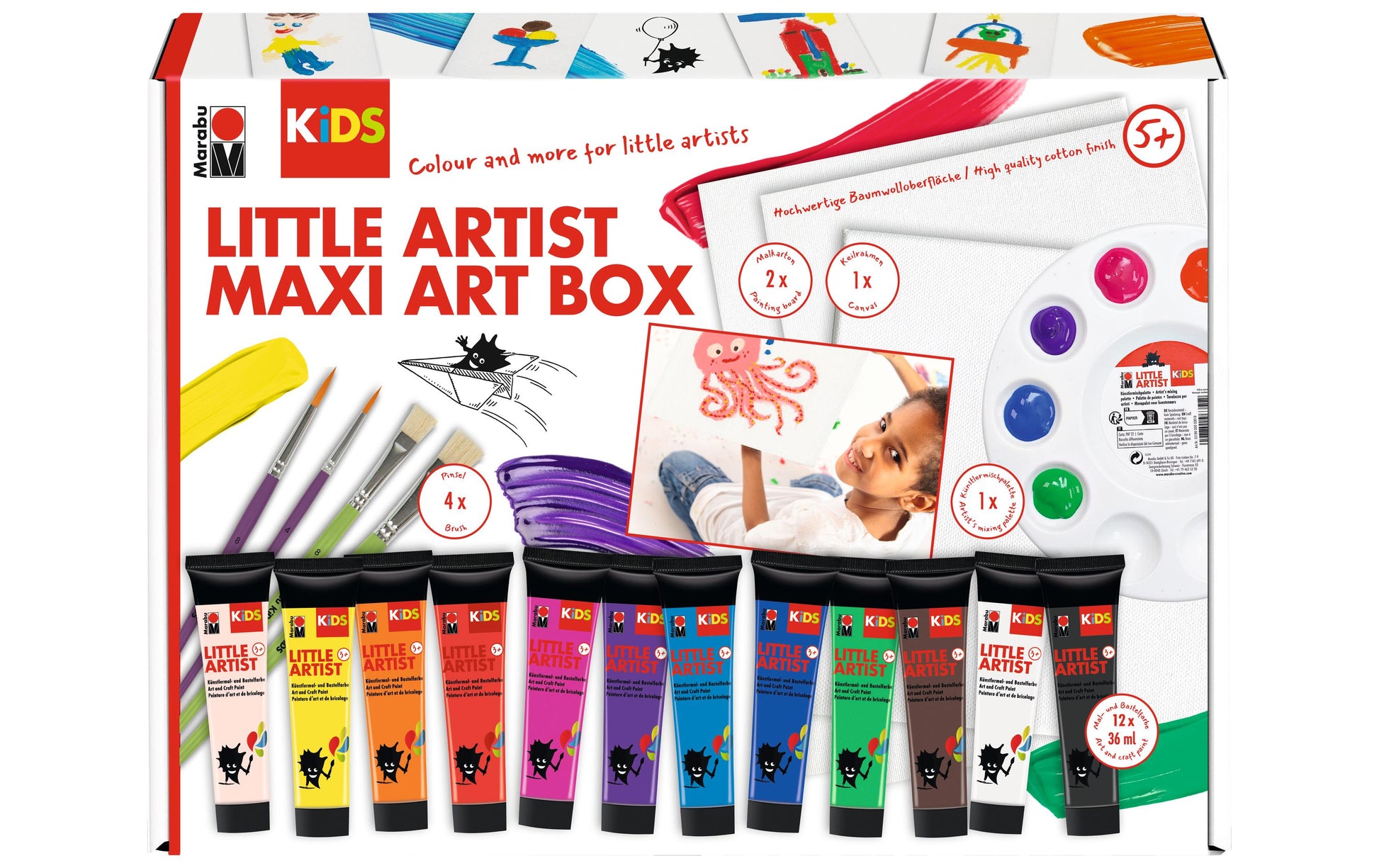 Marabu Little Artist – Bastelset – 12 × 36 ml Bastelfarben – inkl. Keilrahmen 20 × 20 cm