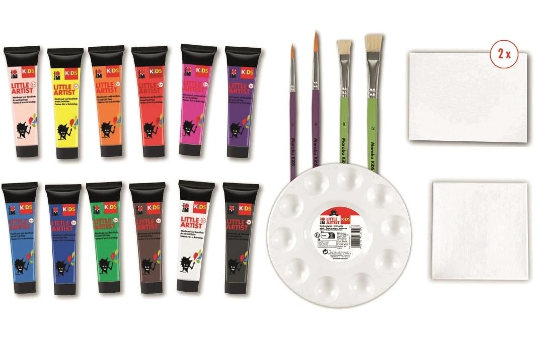 Marabu Little Artist – Bastelset – 12 × 36 ml Bastelfarben – inkl. Keilrahmen 20 × 20 cm