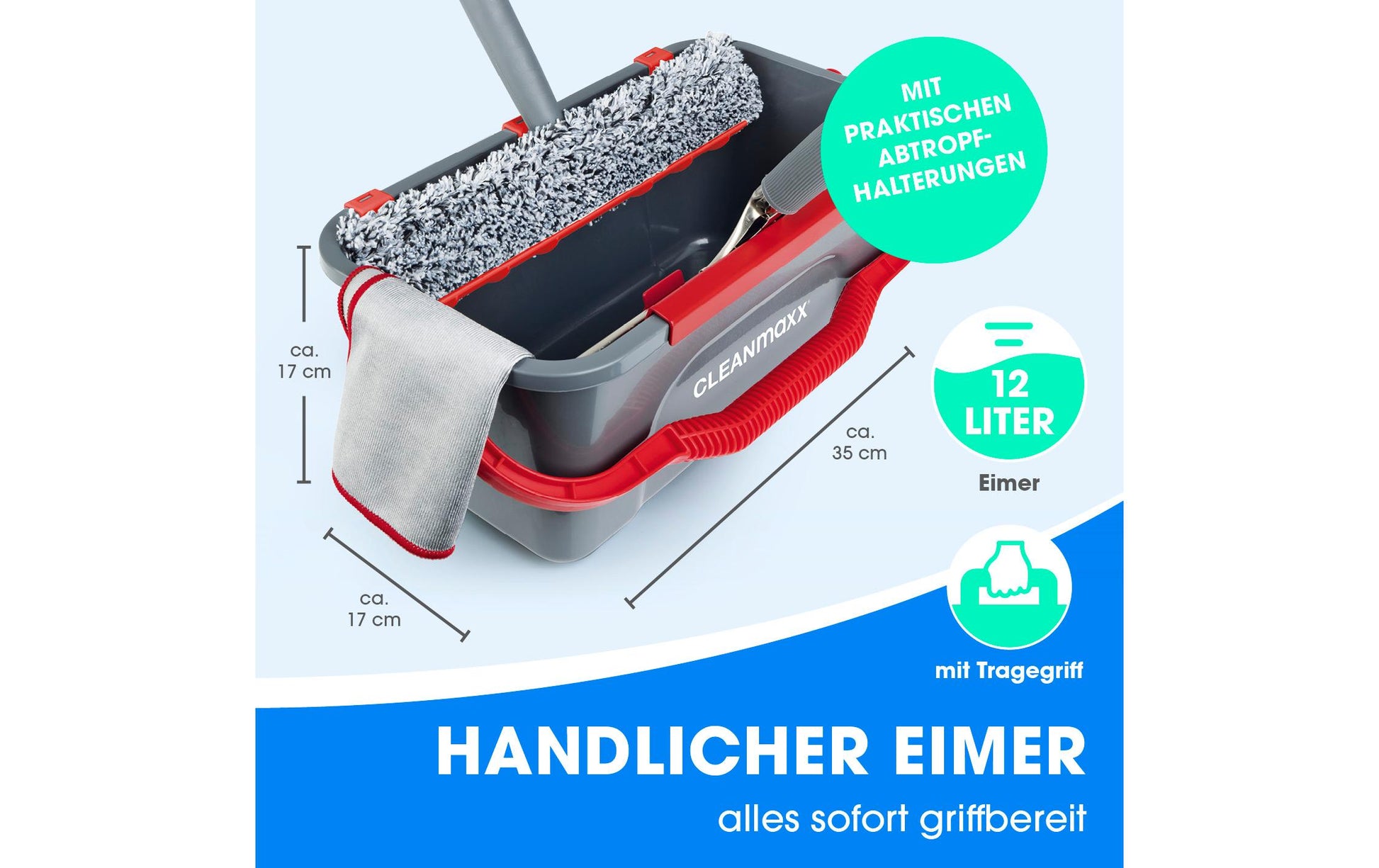 CLEANmaxx Fensterreiniger – Mikrofaser, Grau/Rot, 17,0 × 35,0 × 17,0 cm