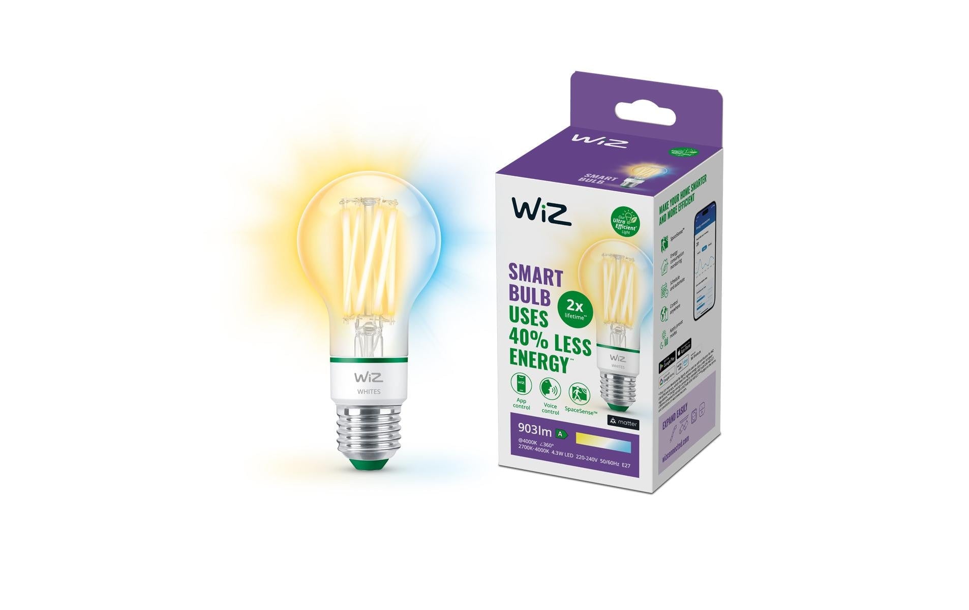 WiZ LED A60 – WLAN, Bluetooth, dimmbar – 2’700–4’000 K – 903 lm 4,3 W – E27, transparent