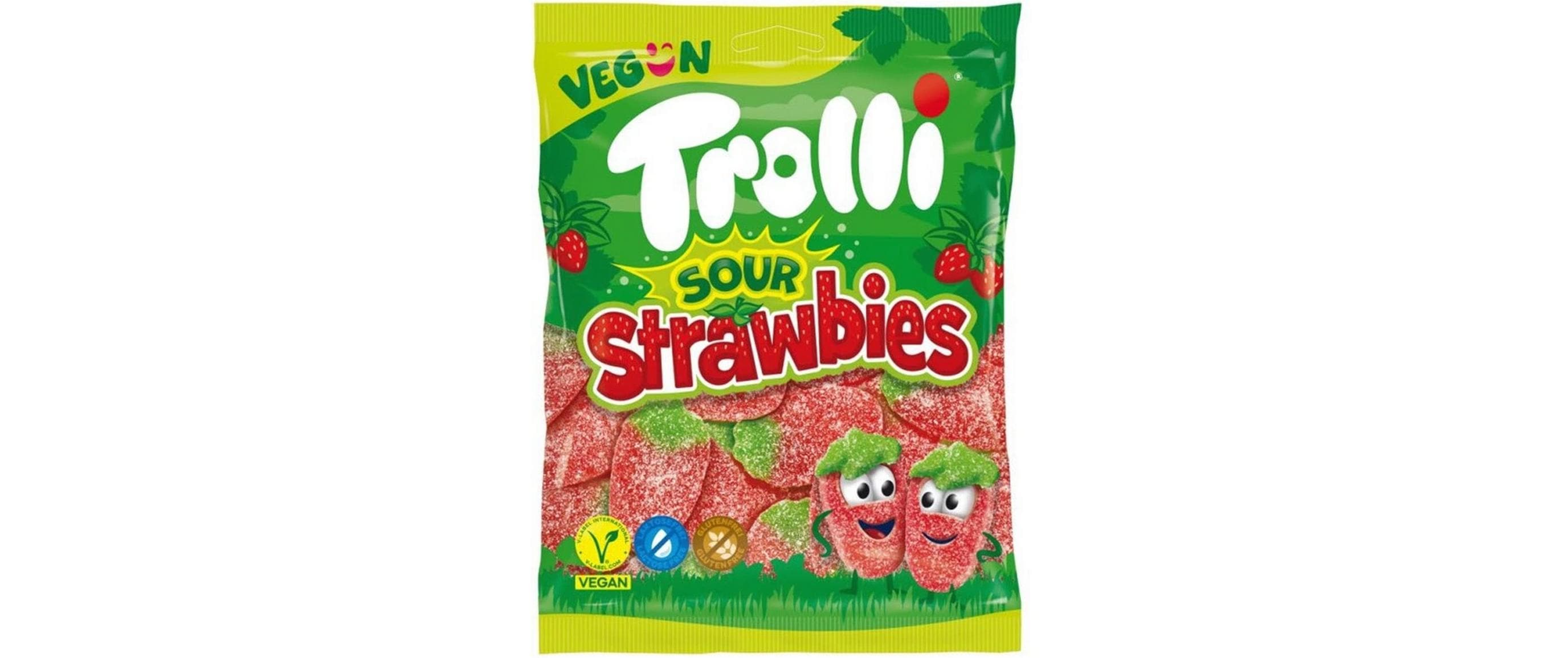 Trolli Sour Strawbies Gummibonbons – sauer, Erdbeere, vegan – 175 g