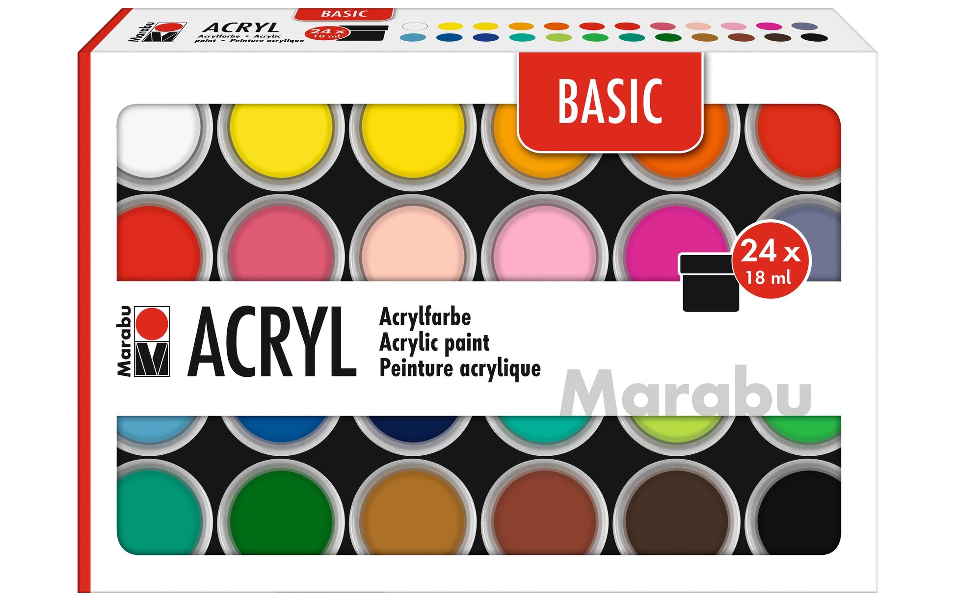 Marabu Acrylfarbe – Mehrfarbig – 24 Farben (24×18 ml, 432 ml) – für Karton, Papier, Holz