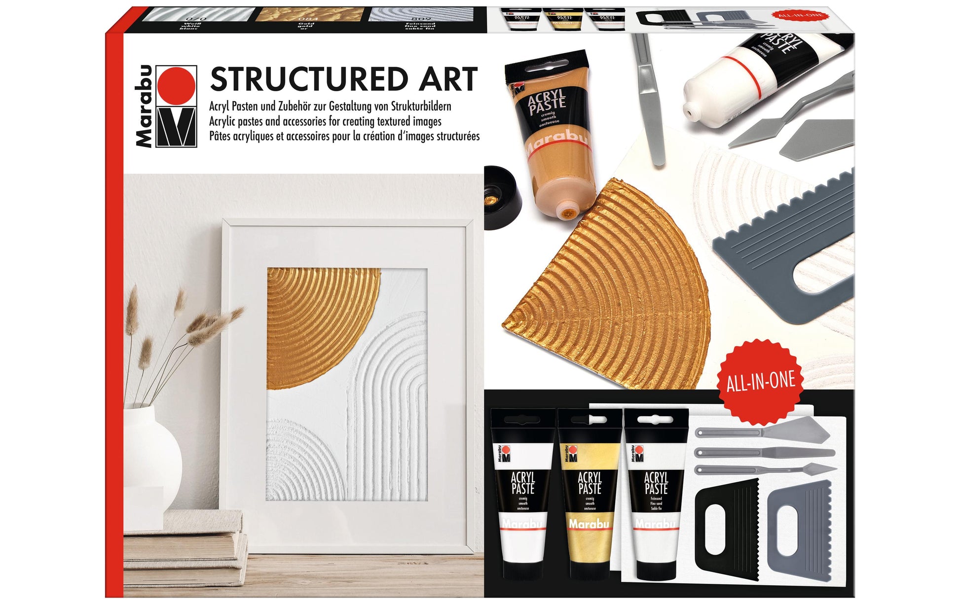 Marabu STRUCTURED ART – Acrylpasten-Set – 3 × 100 ml – Weiss/Gold/Feinsand