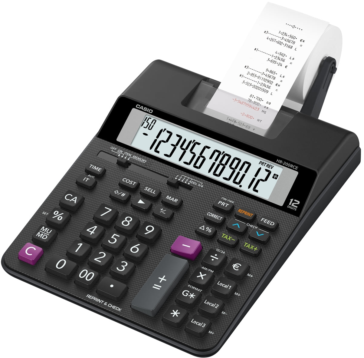 Casio Tischrechner, druckend HR-200RCE – 2-farbig, 2 Zeilen/s, Steuer/Währung, Netz/Batterie