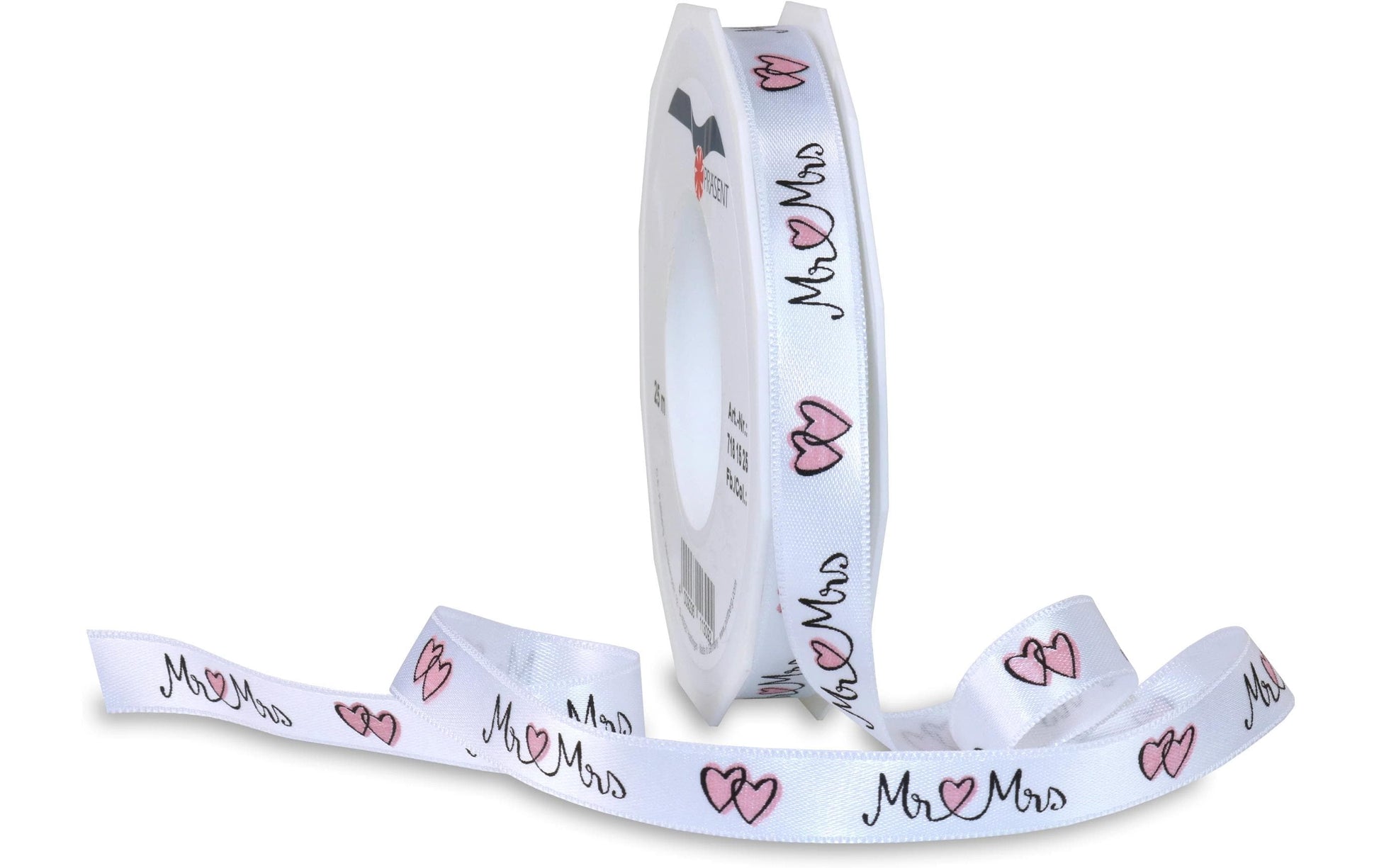 Pattberg Geschenkband Satin Herzmuster Weiss – 15 mm × 20 m – glänzend
