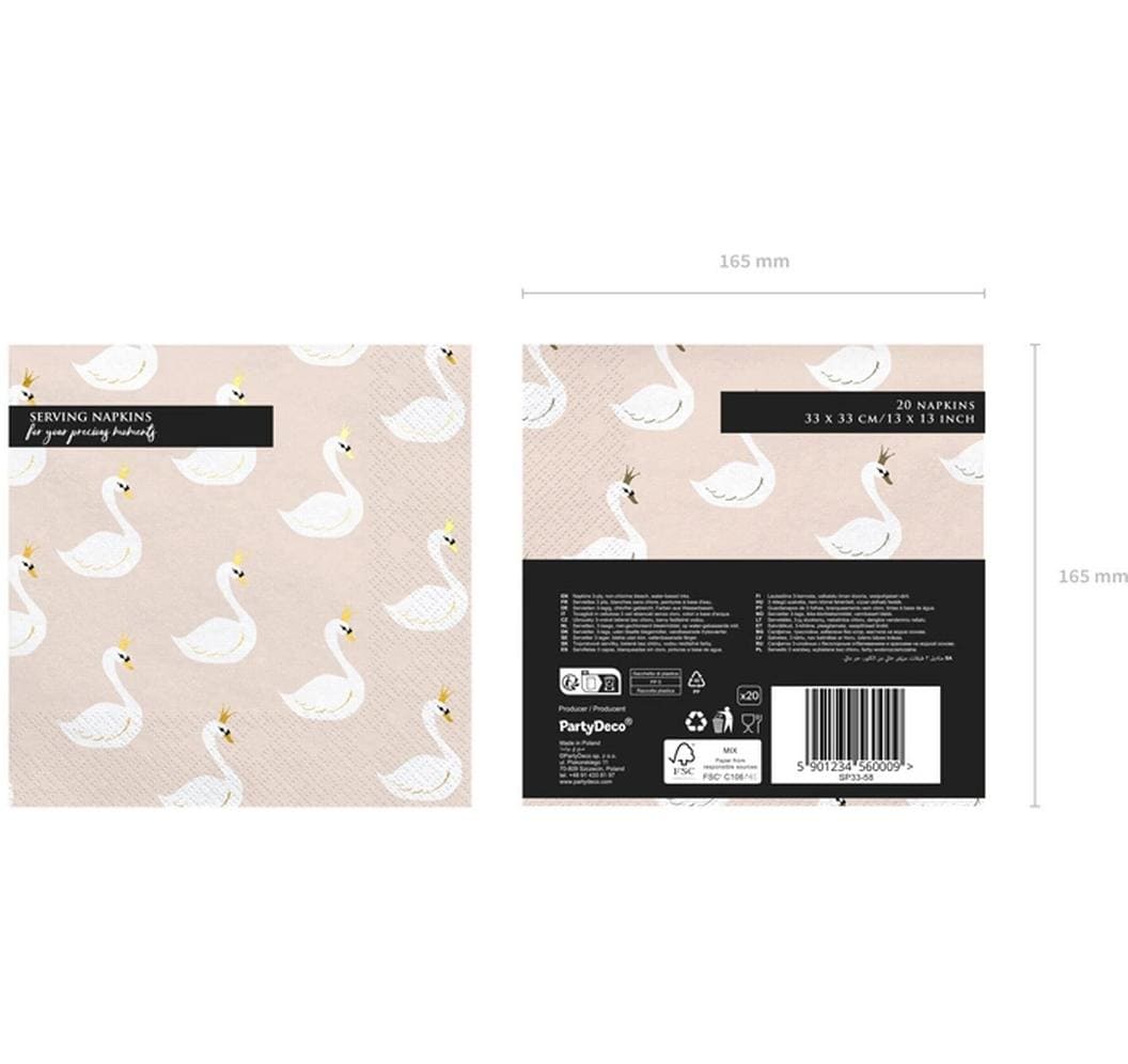PartyDeco Papierservietten Lovely Swan, 33 × 33 cm – FSC – 20 Stk.