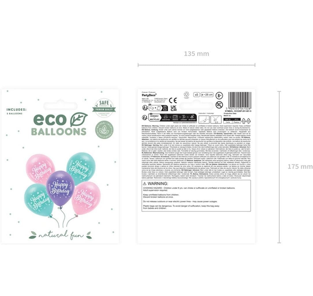 PartyDeco Geburtstagsluftballons – mehrfarbig – Ø 26 cm – Latex – 5 Stk