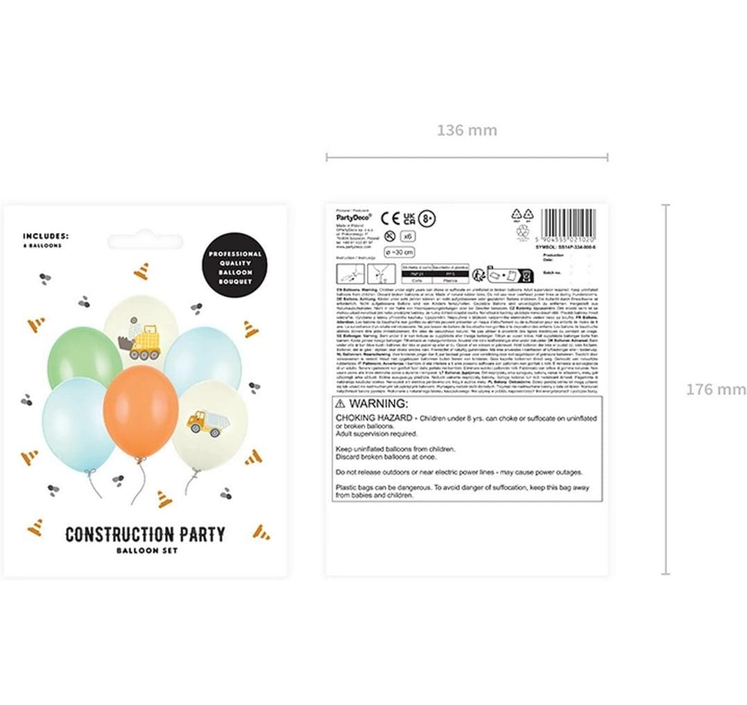 PartyDeco Luftballons Baustelle – mehrfarbig – Ø 30 cm – Latex – 6 Stk