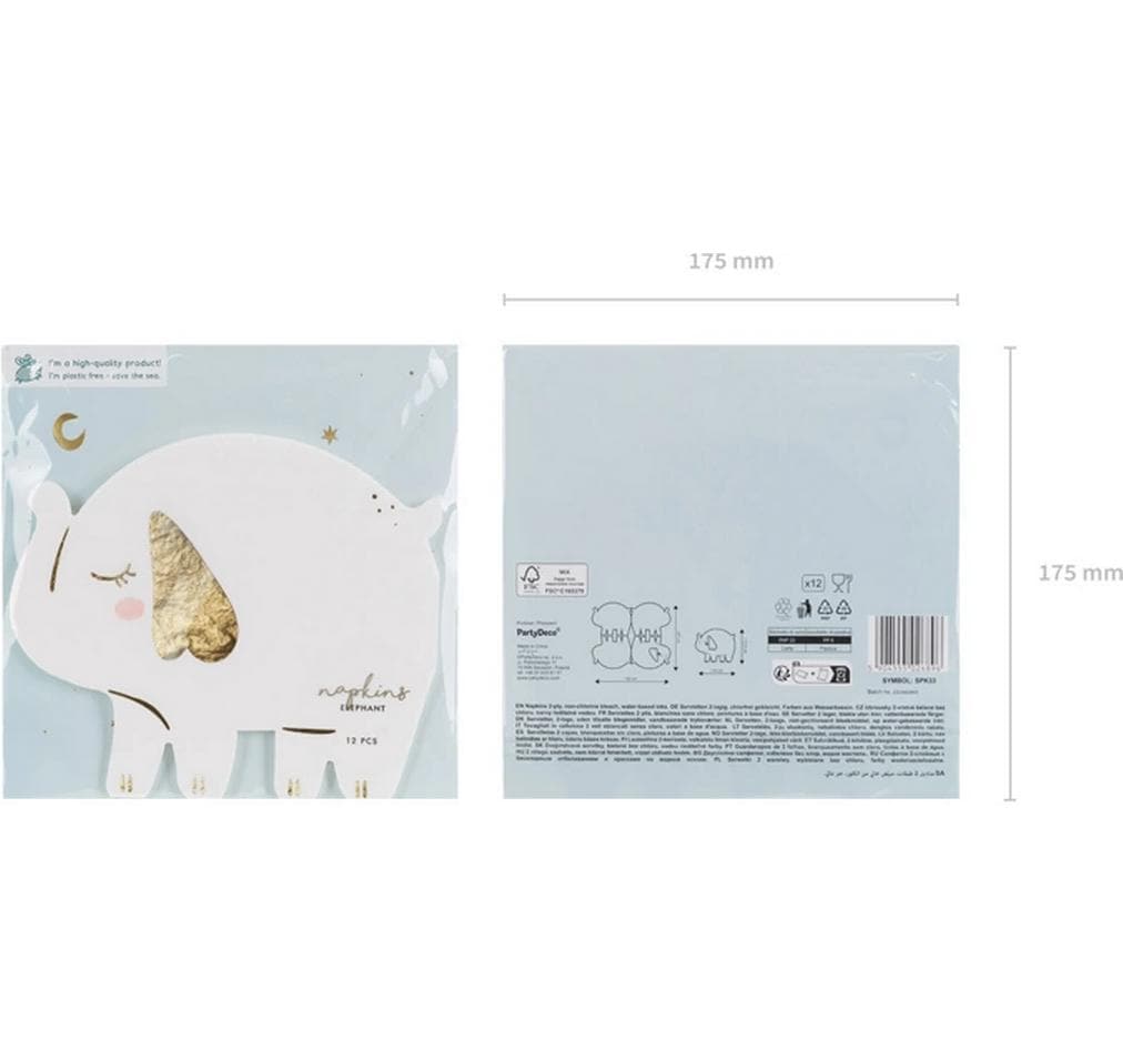 PartyDeco Servietten Elefant – mehrfarbig – 16 × 13,5 cm, 3-lagig – 12 Stück