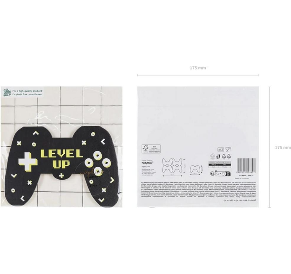 PartyDeco Servietten Game Controller, 16 × 11,5 cm, schwarz – FSC – 12 Stk.