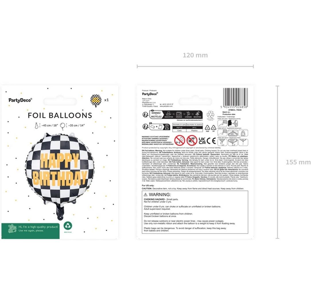 PartyDeco Folienballon Zielflagge Happy Birthday – mehrfarbig – Ø 35 cm – Folie – 1 Stk
