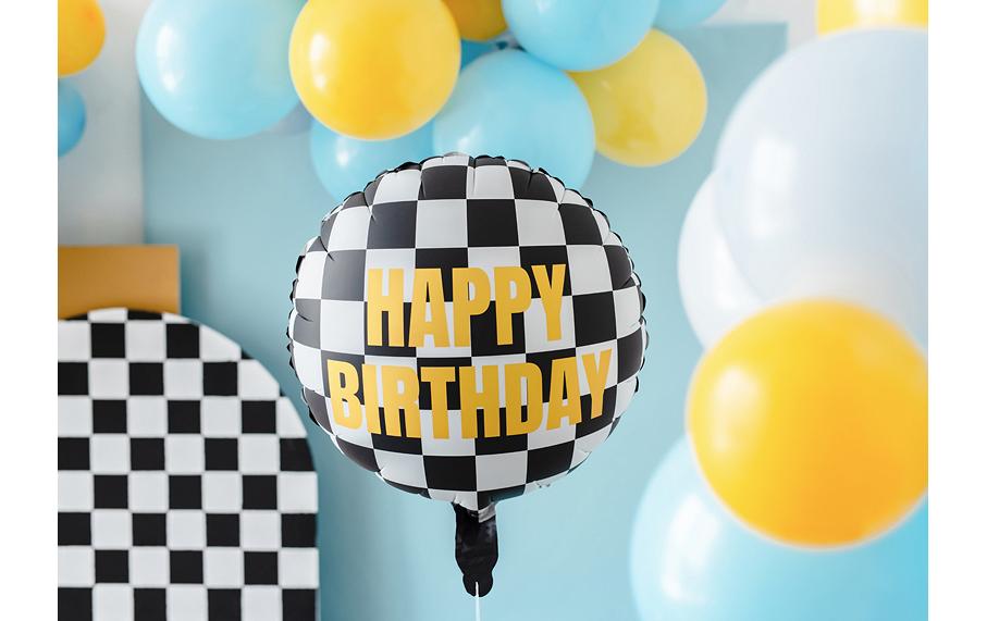 PartyDeco Folienballon Zielflagge Happy Birthday – mehrfarbig – Ø 35 cm – Folie – 1 Stk