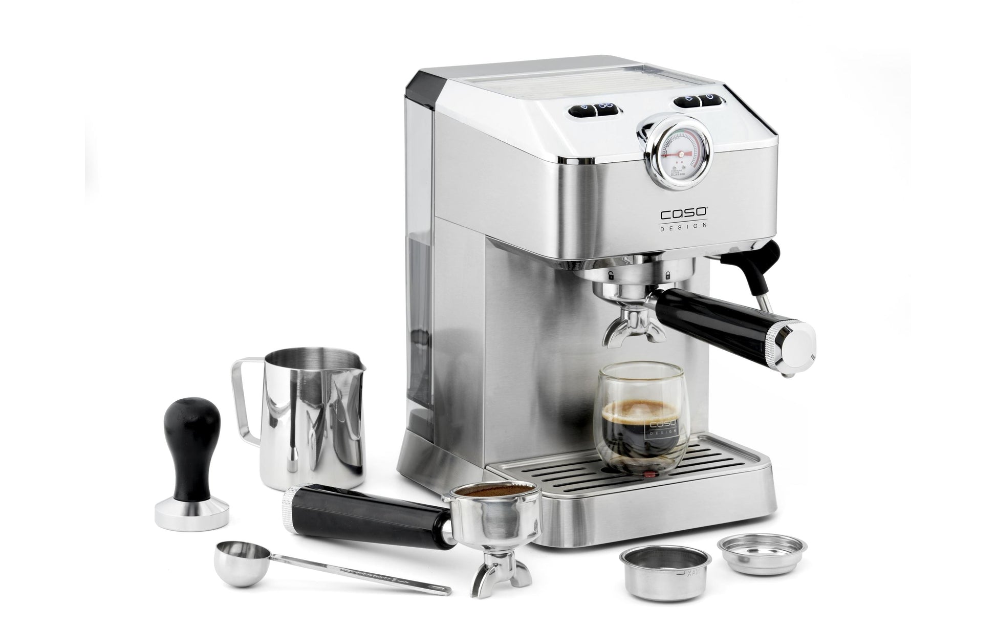Caso Espressomaschine (Siebträger) – 19 bar, 1,5 l, Milchschaumdüse, Silber