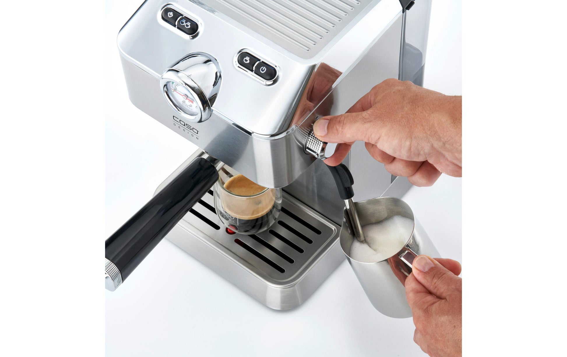 Caso Espressomaschine (Siebträger) – 19 bar, 1,5 l, Milchschaumdüse, Silber
