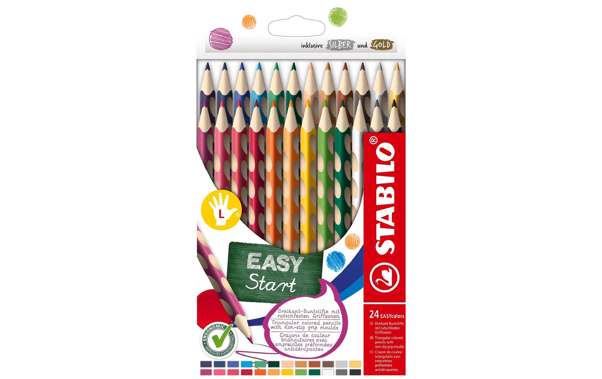 STABILO Buntstift, Mehrfarbig, 24er-Etui – Ergonomisch, Dreikant, Strichbreite 4,2 mm, für Linkshänder
