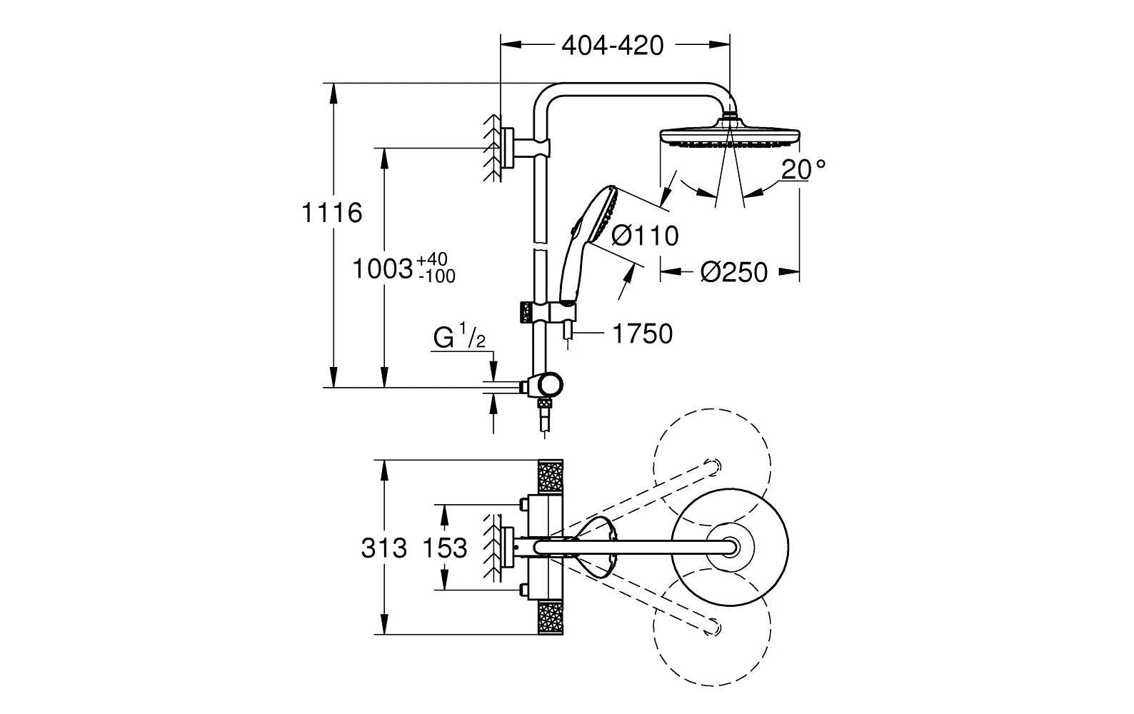 GROHE Duschsystem Vitalio Start 250 – Schlauchlänge 175 cm, Kunststoff, Wandmontiert, Chrom