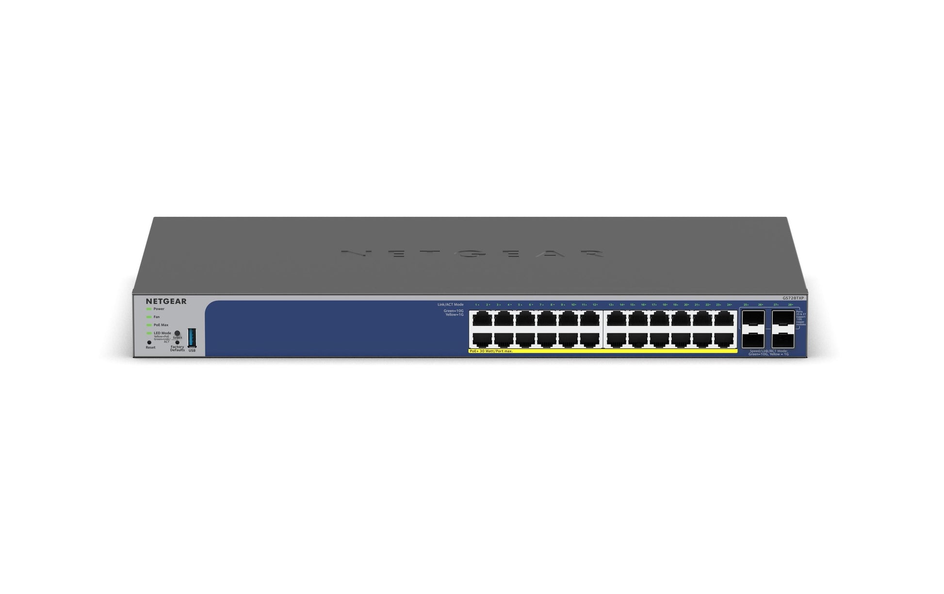 NETGEAR GS728TXP – Managed Switch – 24×10G, 4×SFP+, L2/L3, PoE+, 19" Rack