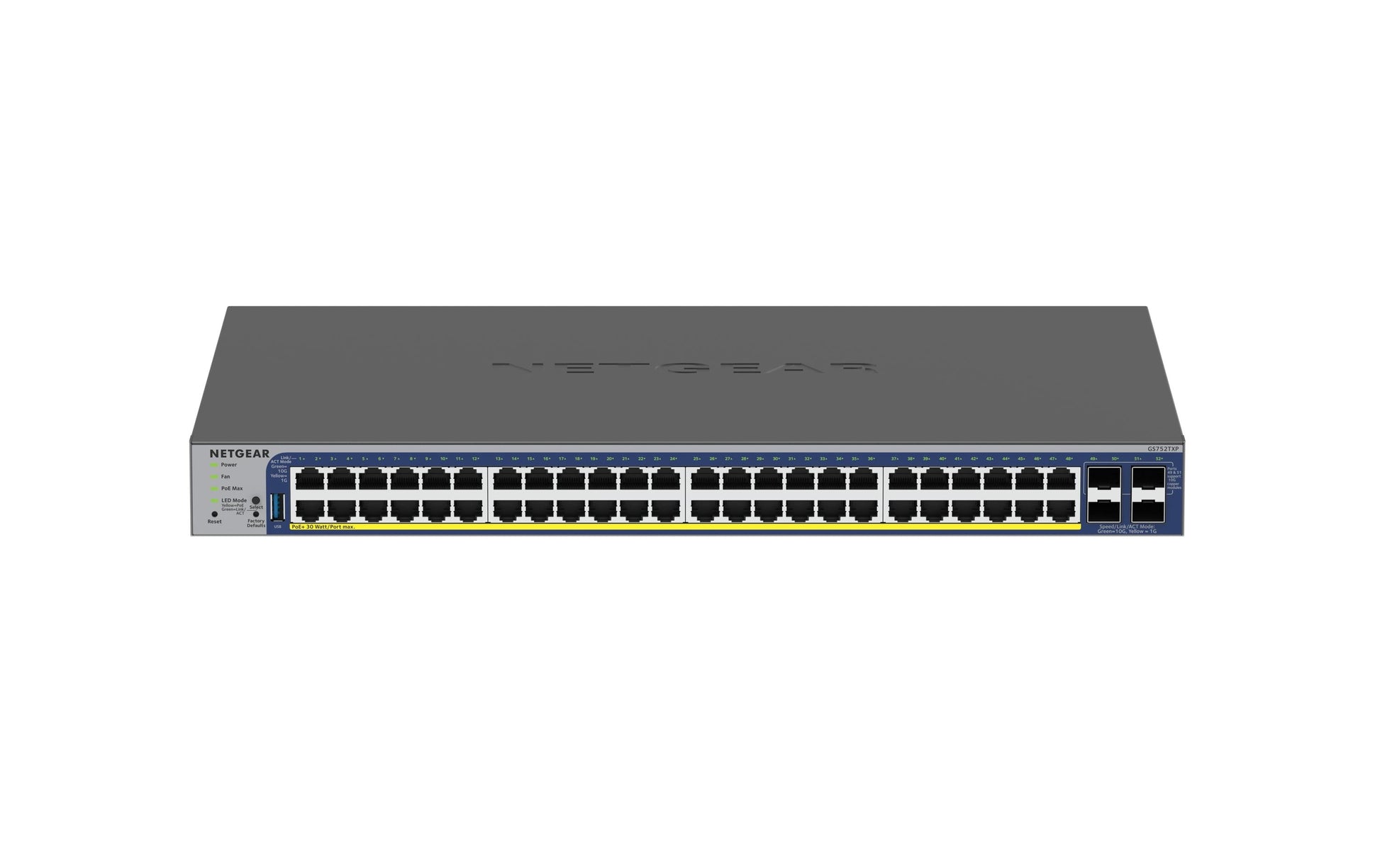 NETGEAR GS752TXP – Managed Switch – 48×10G, 4×SFP+, L2/L3, PoE+ 380 W, 19" Rack