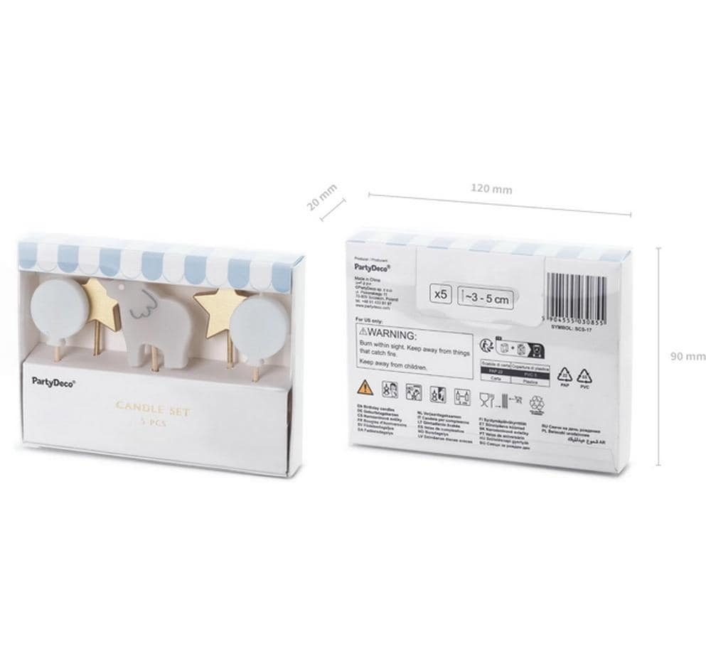 PartyDeco Geburtstagskerzen Elefant – mehrfarbig – 50 mm – 5 Stk