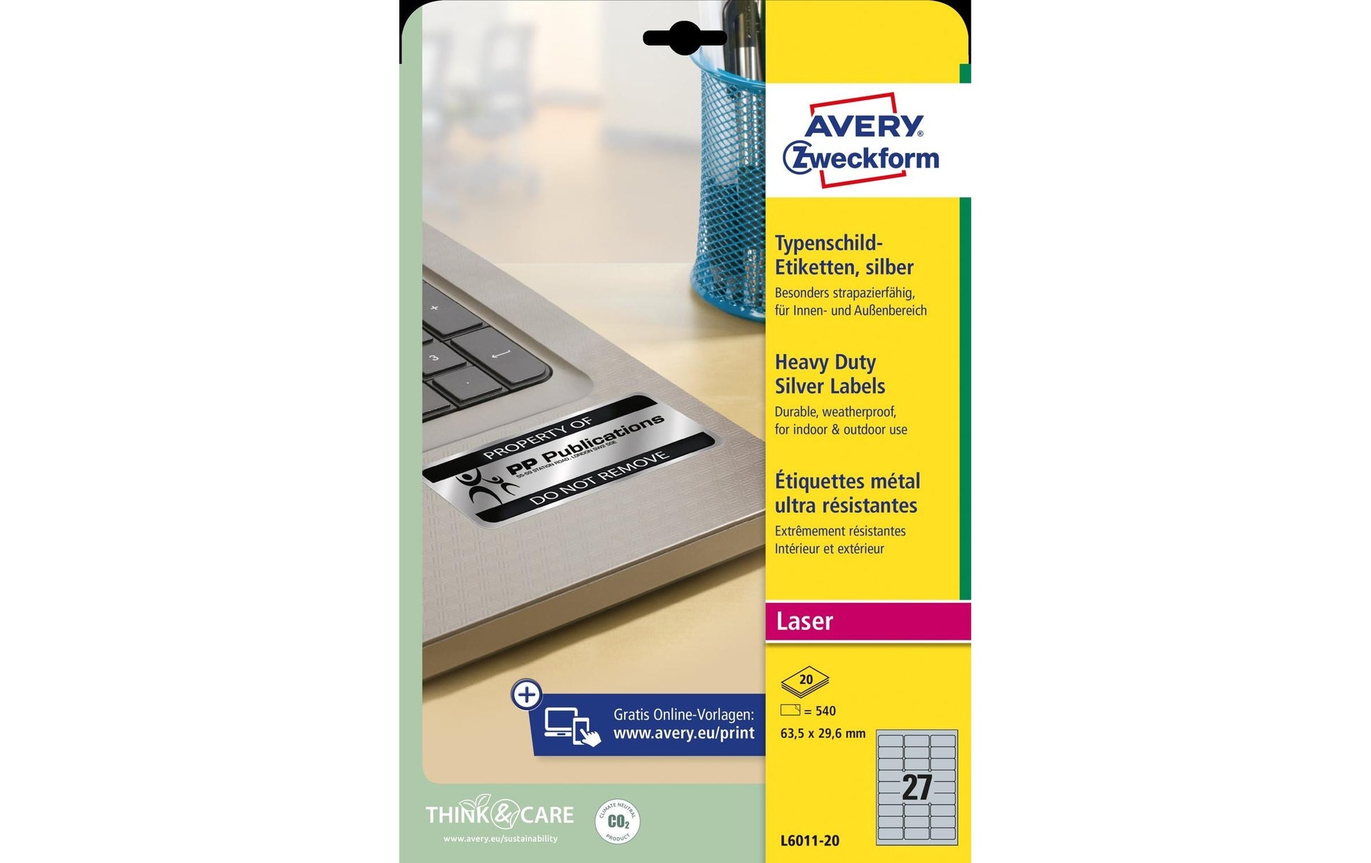 Avery Typenschild-Etiketten, 64 mm × 30 mm, silber, Folie, permanent, 540 Etiketten (20 Blatt)