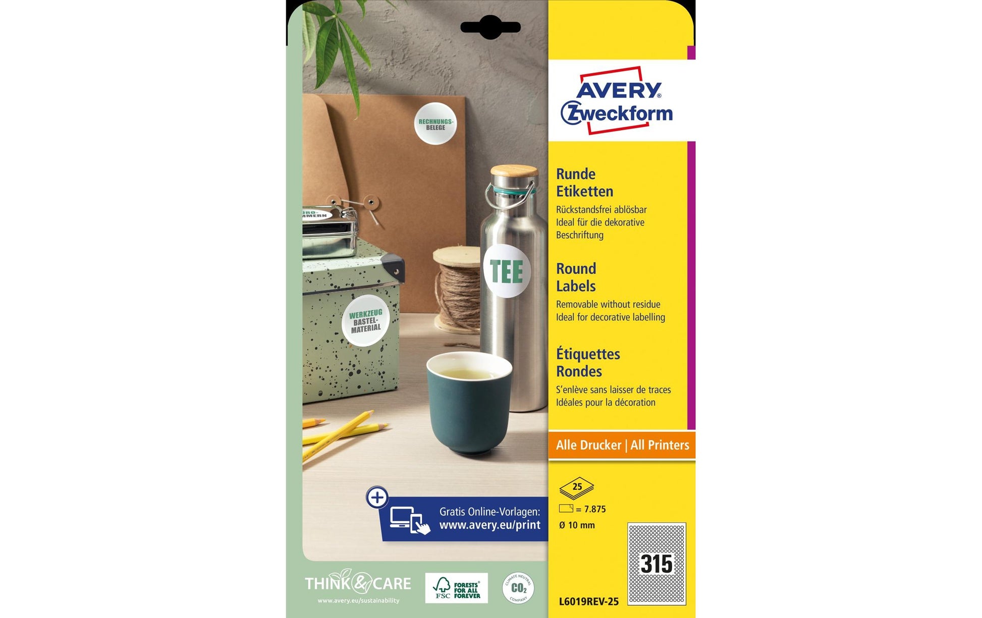 Avery Zweckform – Markierungspunkte Ø 10 mm – Weiss – Wiederablösbar – 315 pro Blatt, 25 Blätter (7'875 Stk.)