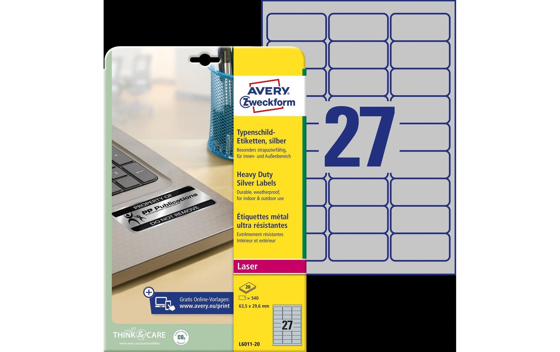 Avery Typenschild-Etiketten, 64 mm × 30 mm, silber, Folie, permanent, 540 Etiketten (20 Blatt)