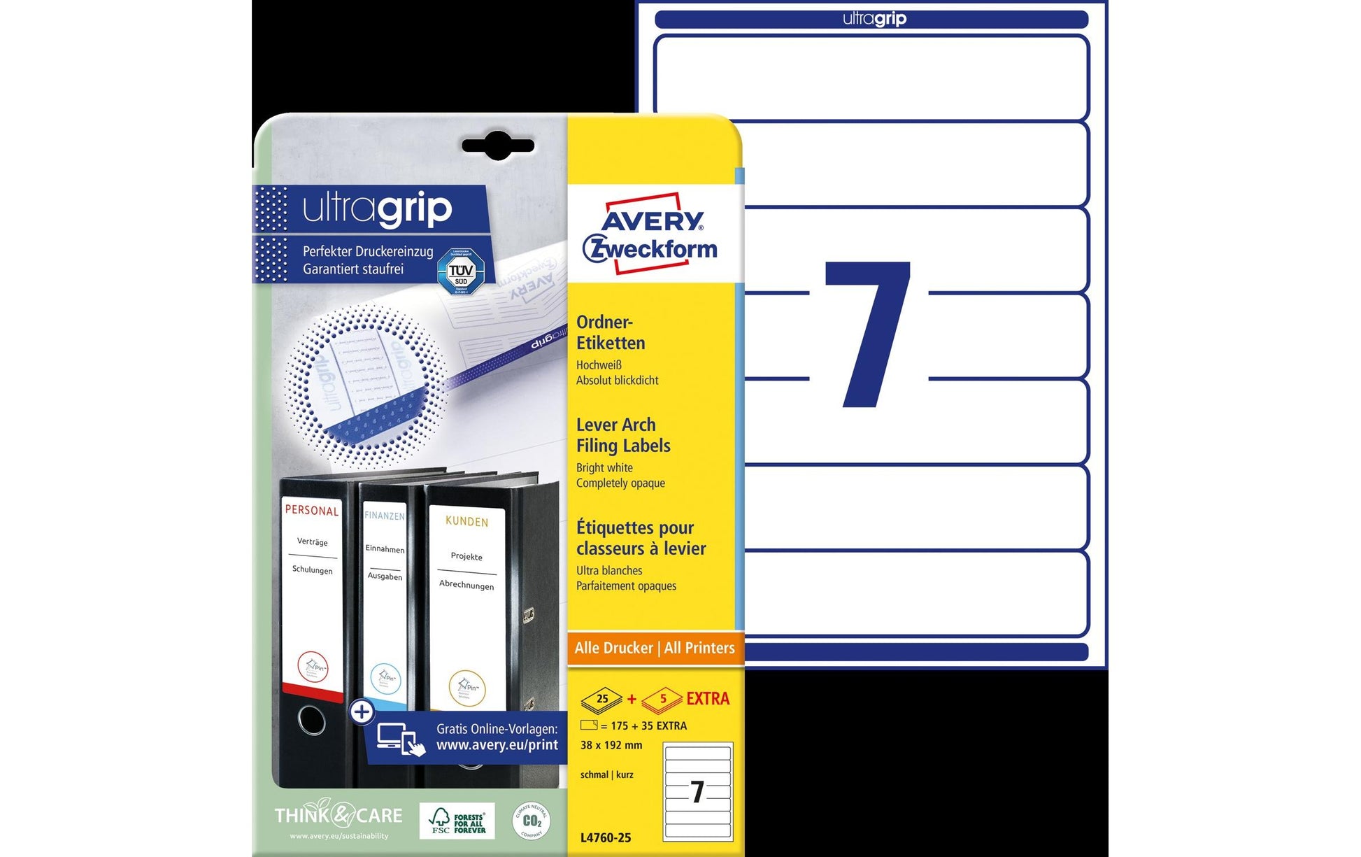 AVERY Zweckform L4760-25 – Ordneretiketten A4 38 × 192 mm – Papier, weiss – Universal – 7 pro Blatt, 25 Blätter