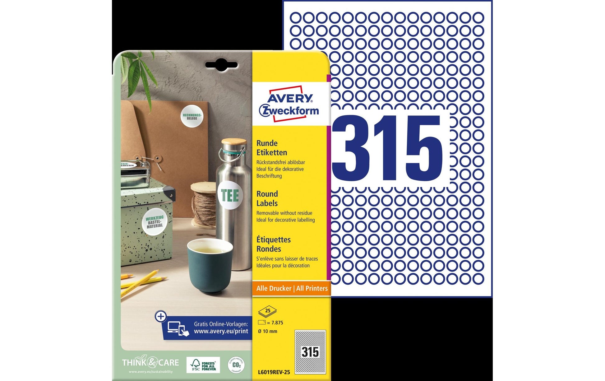 Avery Zweckform – Markierungspunkte Ø 10 mm – Weiss – Wiederablösbar – 315 pro Blatt, 25 Blätter (7'875 Stk.)