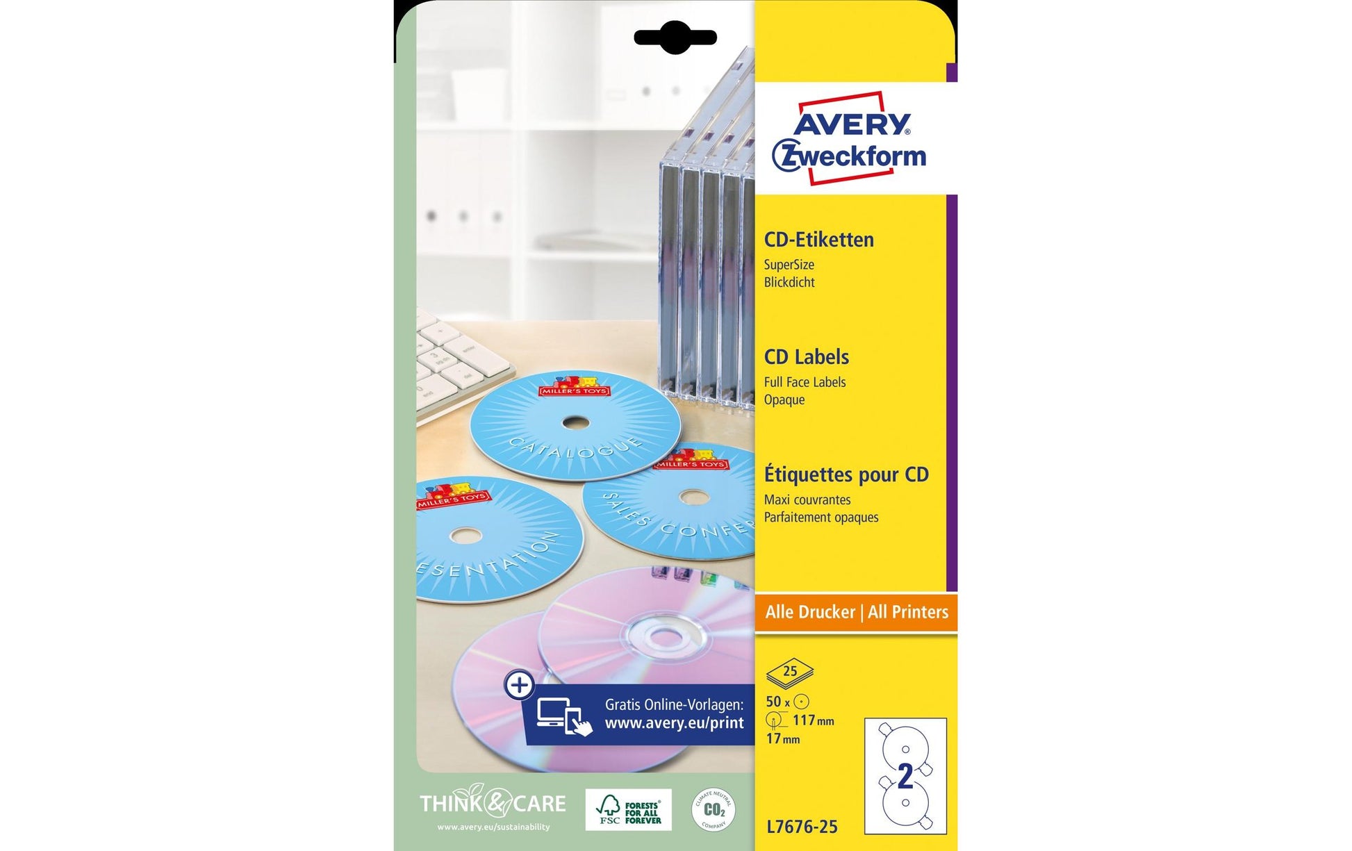 Avery Zweckform – CD-Etiketten SuperSize, Ø 117 mm, weiss, Papier, selbstklebend, 25 Bogen (50 Etiketten)