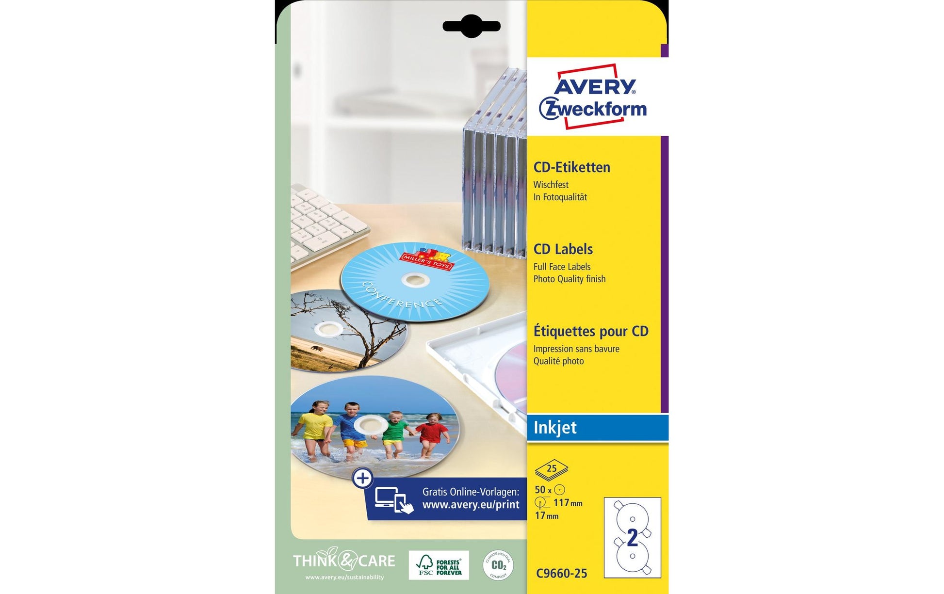 Avery Zweckform – Datenträger-Etiketten SuperSize, Ø 117 mm, weiss, selbstklebend, 50 Etiketten (25 Blatt)